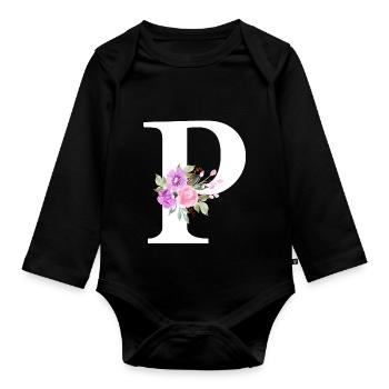 Lettre p floral violet - Body Bébé bio manches longues - noir - Devant