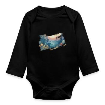 Wald mit Sonnenaufgang im Flat Design (Naturmotiv) - Baby Bio-Langarm-Body - Schwarz - Vorne