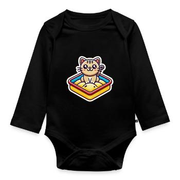 Cute Cat sitting in the sandbox Patch style - Organic Longsleeve Baby Bodysuit - black - Front