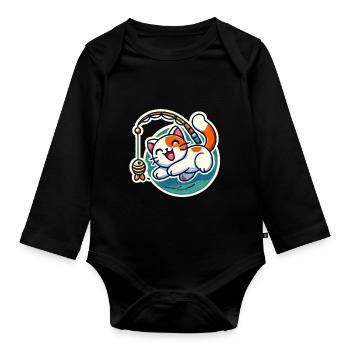 Mignon chat blanc roux joue avec une canne à pêche pour chat - Body Bébé bio manches longues - noir - Devant