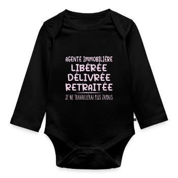 Agente immobilière célèbre sa retraite avec humour - Body Bébé bio manches longues - noir - Devant