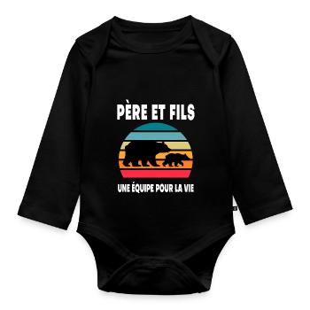 père et fils ours papa vintage duo fête des pères - Body Bébé bio manches longues - noir - Devant