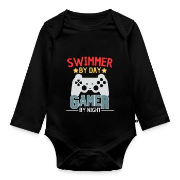 Schwimmer Gamer lustiges Schwimm Design - Baby Bio-Langarm-Body - Schwarz - Vorne