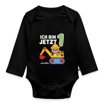 Ich bin jetzt 1 Bagger Bär 1. Geburtstag - Baby Bio-Langarm-Body - Schwarz - Vorne