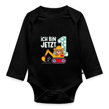 Ich bin jetzt 1 Bagger Bär 1. Geburtstag - Baby Bio-Langarm-Body - Schwarz - Vorne
