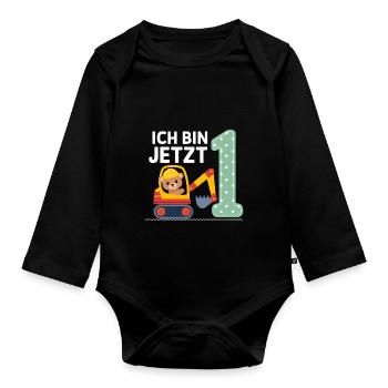 Ich bin jetzt 1 Bagger Bär 1. Geburtstag - Baby Bio-Langarm-Body - Schwarz - Vorne