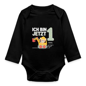 Ich bin jetzt 1 Bagger Bär 1. Geburtstag - Baby Bio-Langarm-Body - Schwarz - Vorne