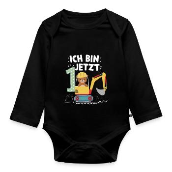 Ich bin jetzt 1 Bagger Bär 1. Geburtstag - Baby Bio-Langarm-Body - Schwarz - Vorne