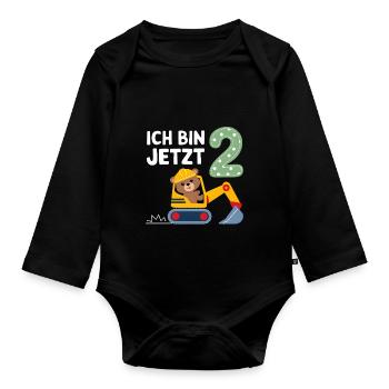 Ich bin jetzt 2 Bagger Bär 2. Geburtstag - Baby Bio-Langarm-Body - Schwarz - Vorne