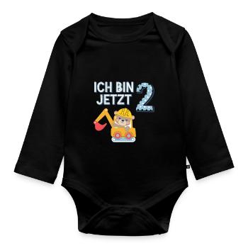 Ich bin jetzt 2 Bagger Bär 2. Geburtstag - Baby Bio-Langarm-Body - Schwarz - Vorne