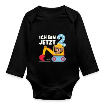 Ich bin jetzt 2 Bagger Bär 2. Geburtstag - Baby Bio-Langarm-Body - Schwarz - Vorne