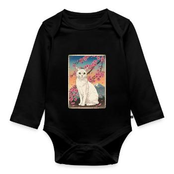 Chat blanc Mont Fuji Fleur de cerisier - Body Bébé bio manches longues - noir - Devant
