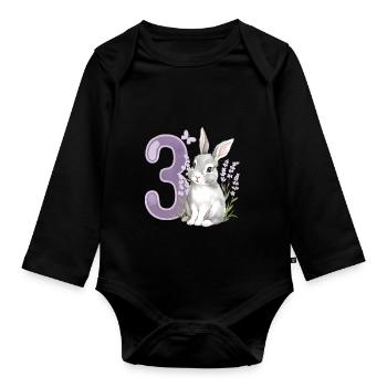 3. Geburtstag 3 Jahre Hase Häschen Lavendel Lila - Baby Bio-Langarm-Body - Schwarz - Vorne