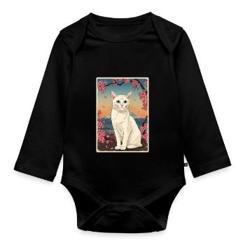 White Cat Cherry Blossom - Baby Bio-Langarm-Body - Schwarz - Vorne