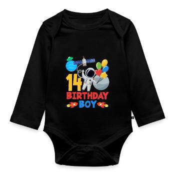 14 Birthday Boy Astronaut Space Adventure - Organic Longsleeve Baby Bodysuit - black - Front