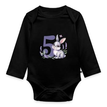 5. Geburtstag 5 Jahre Hase Häschen Lavendel Lila - Baby Bio-Langarm-Body - Schwarz - Vorne