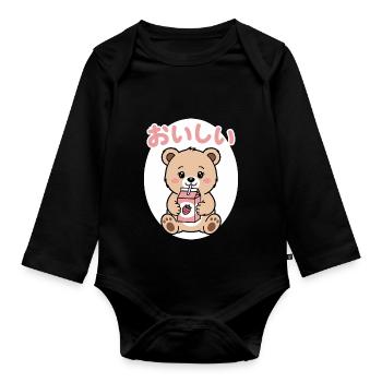 Ours Kawaii Buvant Lait de Fraise Japonais Mignon - Body Bébé bio manches longues - noir - Devant