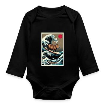 Capybara Surfen Eine Große Welle Kanagawa - Baby Bio-Langarm-Body - Schwarz - Vorne
