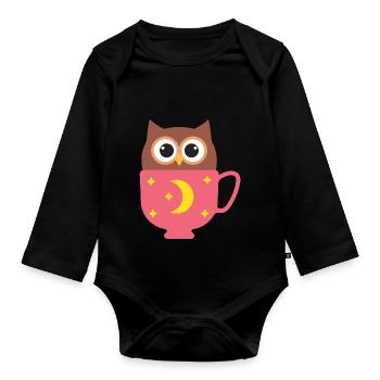 Owl in the cup - Organic Longsleeve Baby Bodysuit - black - Front