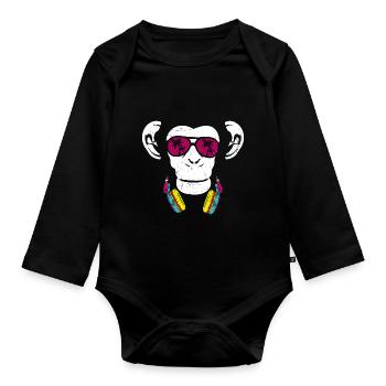 Monkey Cooler Affe DJ Kopfhörer Ausgehen Spaß Part - Baby Bio-Langarm-Body - Schwarz - Vorne