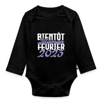 Annonce grossesse. bientôt Maman Février 2023.mama - Body Bébé bio manches longues - noir - Devant