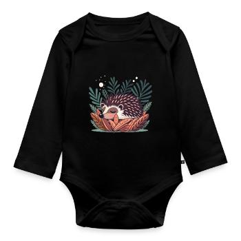 Cute sleeping hedgehog in bushes - Organic Longsleeve Baby Bodysuit - black - Front