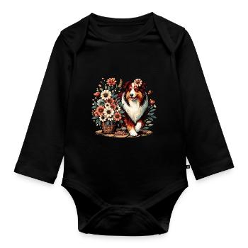 Australian Shepherd Cottage Core Blumen red tri - Baby Bio-Langarm-Body - Schwarz - Vorne
