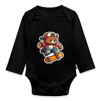 Bear Riding Skateboard - Organic Longsleeve Baby Bodysuit - black - Front