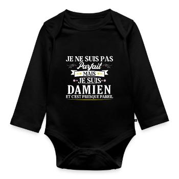 Idée Cadeau Personnalisé Prénom Damien Humour - Body Bébé bio manches longues - noir - Devant