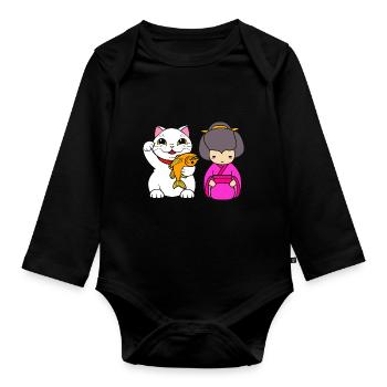 Porte-bonheur Maneki Neko Japon - Body Bébé bio manches longues - noir - Devant