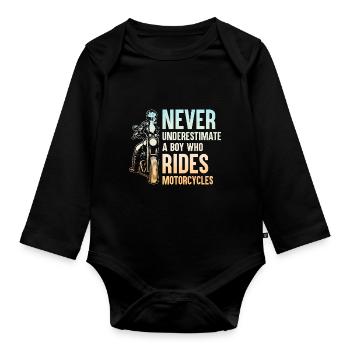 Unterschätzen Sie niemals einen Jungen, der Motorrad fährt Bi - Baby Bio-Langarm-Body - Schwarz - Vorne