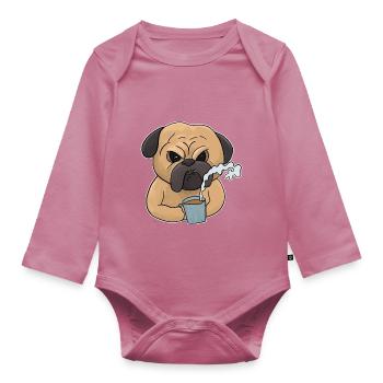 Mumrrischer Pug Dog with Coffee Morning Muffle - Organic Longsleeve Baby Bodysuit - mauve - Front