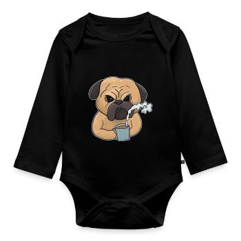 Mürrischer Mops-Hund mit Kaffee Morgenmuffel - Baby Bio-Langarm-Body - Schwarz - Vorne