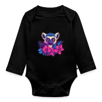 Lemur with tropical flowers - Organic Longsleeve Baby Bodysuit - black - Front