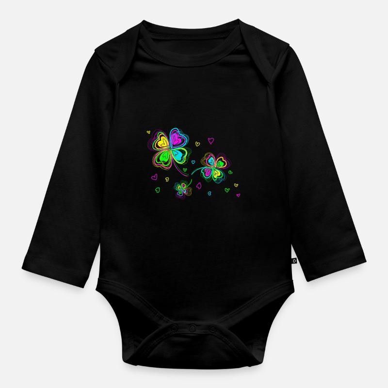Trèfles multicolore et coeurs - Body Bébé bio manches longues - noir