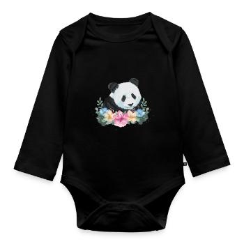 Panda Bear Gift Flowers Panda - Organic Longsleeve Baby Bodysuit - black - Front