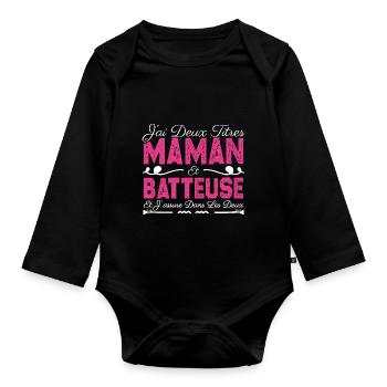 J'ai deux titres maman et Batteuse. Cadeau Maman - Body Bébé bio manches longues - noir - Devant