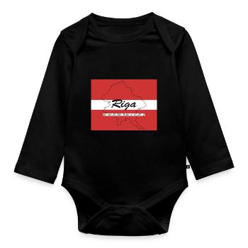Riga - Hauptstadt mit GPS & Flagge - Baby Bio-Langarm-Body - Schwarz - Vorne
