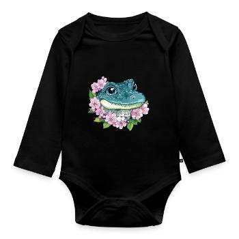 Kirschblüten Krokodil - Baby Bio-Langarm-Body - Schwarz - Vorne