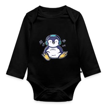 Pingouin dansant Kawaii avec écouteurs et musique - Body Bébé bio manches longues - noir - Devant