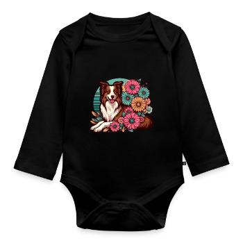 Border Collie Rétro Pastel Floral Rouge Marron - Body Bébé bio manches longues - noir - Devant