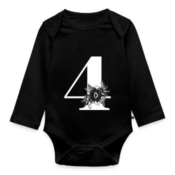 Nummer 4 Schwarze Blumen - 4. Blumenjubiläum - Baby Bio-Langarm-Body - Schwarz - Vorne