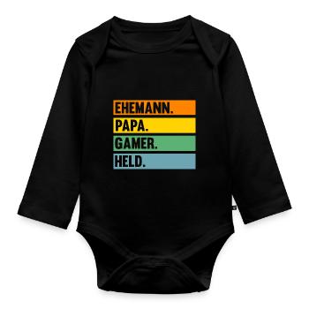 Papa Vater Gaming Zocken Zocker Gamer - Baby Bio-Langarm-Body - Schwarz - Vorne