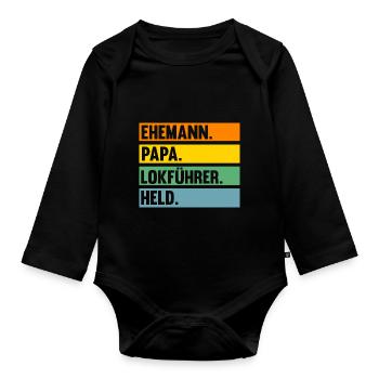 Eisenbahn Dampflok Papa Vater Lokomotive Lokführer - Baby Bio-Langarm-Body - Schwarz - Vorne