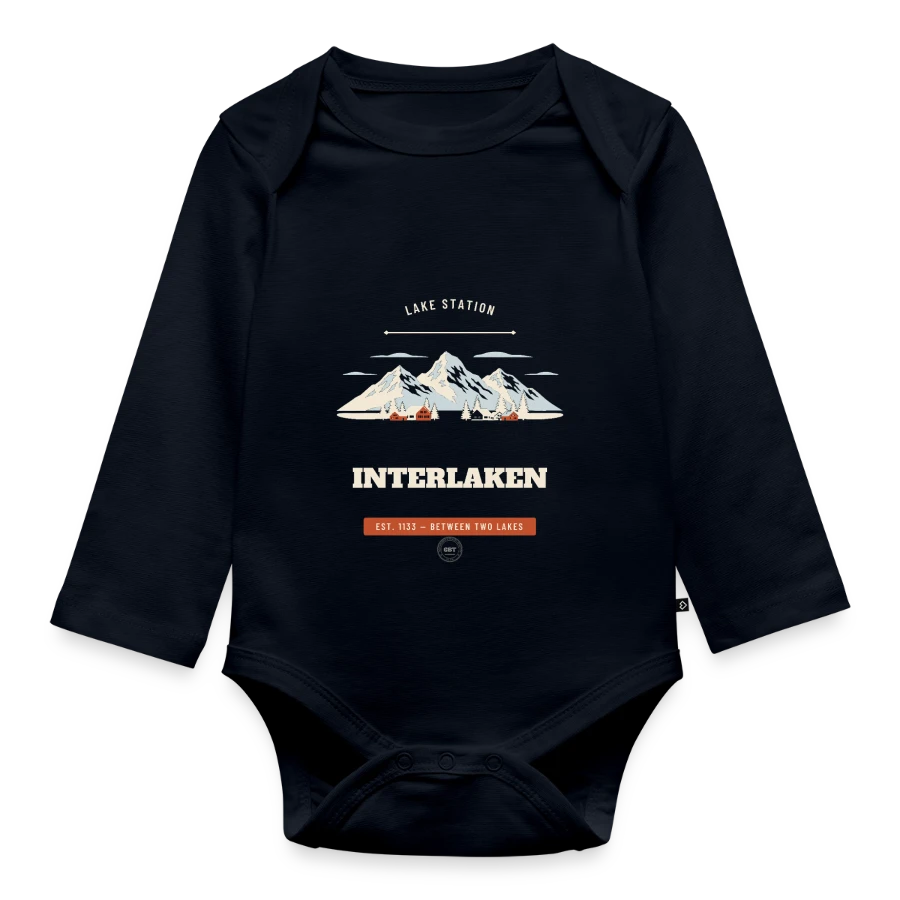 Interlaken badge on a organic longsleeve baby bodysuit, navy