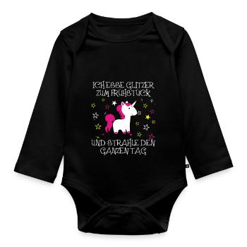 Einhorn - Glitzer zum Frühstück - Baby Bio-Langarm-Body - Schwarz - Vorne