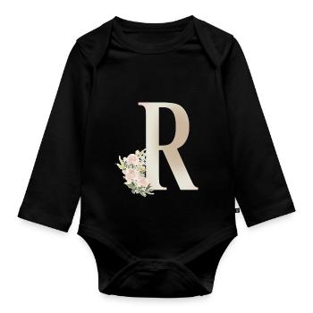 Lettre R avec fleurs - Body Bébé bio manches longues - noir - Devant