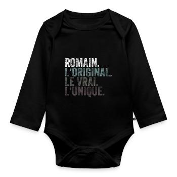 Humour Idée Cadeau Personnalisé Prénom Romain - Body Bébé bio manches longues - noir - Devant