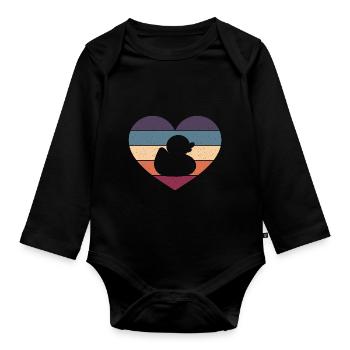 Retro Duckling Duckie Rubber Duck Vintage Heart - Organic Longsleeve Baby Bodysuit - black - Front