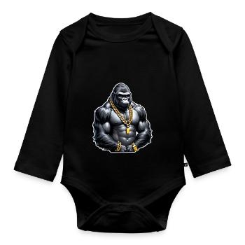 Gorilla mit Goldkette - Baby Bio-Langarm-Body - Schwarz - Vorne